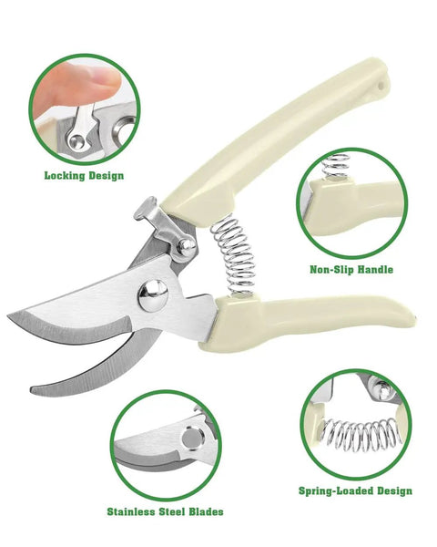 Close-up of beige garden shear from Four Pack Garden Shears Set With Stainless Steel Blades, showing locking mechanism and spring design.