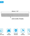 3/8-16 UNC stainless steel fully threaded rod, side view, 1.6 in length, 15 pcs set (304 stainless)