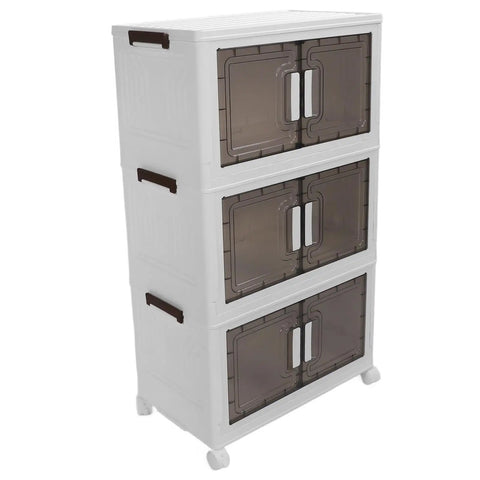 Super Sturdy Folding Storage Bins With Four Rollers For No Sweat Moving Quick Assembly Durable Plastic Bins stacked in white with brown handles