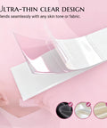 Strong Hold Double Sided Fashion Tape for Women shown unrolled and clear against pink fabric backdrop, displaying its ultra-thin design.