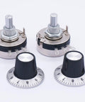 Two Pack Rotary Carbon Potentiometer Set With Knobs WTH118-2W 10K Ohm, Single Turn Top Adjustment, round shaft, and 3 terminals