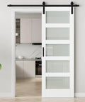 Top Shelf Frosted Glass Interior Barn Door With Six Foot Sliding Track Kit Scratch Resistant White Steel Frame, 30x84 inch.