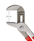 Close-up of Groove Joint Pliers Set 3-Piece Featuring 7 10 And 13 Inch Pliers with sharp angled teeth and 2-1/4 inch jaw opening.