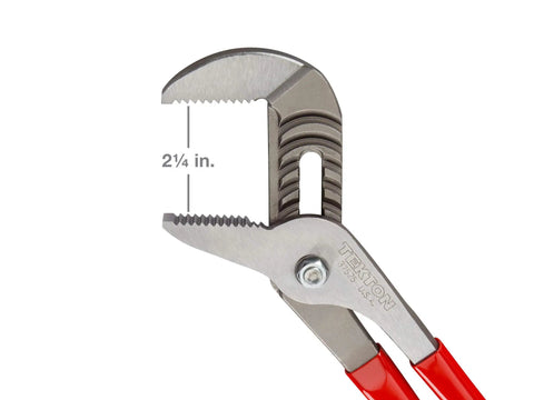 Close-up of Groove Joint Pliers Set 3-Piece Featuring 7 10 And 13 Inch Pliers with sharp angled teeth and 2-1/4 inch jaw opening.