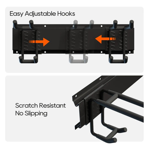 Wall Mount Garage Storage And Garden Tool Organizer With 350 Pound Capacity Adjustable Steel Rails And 6 Rubber Coated Hangers Rustproof Carbon Steel Rack For Garage Shed And Outdoor Tools