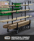 Heavy Duty Mobile Industrial Pipe And Lumber Rack Cart That Moves Like Butter With Four Double Sided Shelves for storing lumber.