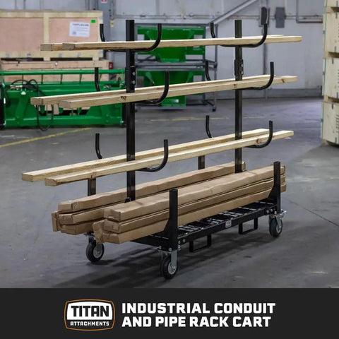 Heavy Duty Mobile Industrial Pipe And Lumber Rack Cart That Moves Like Butter With Four Double Sided Shelves for storing lumber.