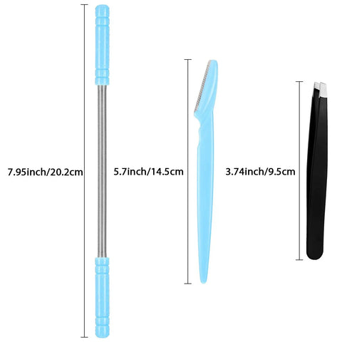 14 Piece Facial Hair Remover Set With Spring Epilators Eyebrow Razors And Tweezers Portable At Home Hair Removal Kit For Women Face Chin Lip Cheek Neck Gentle Pain Free Root Removal - Close up of spring epilator, razor, tweezers with dimensions.