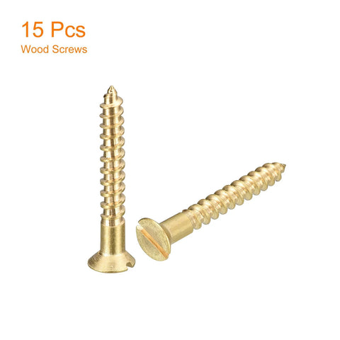 Brass Wood Screws Set, 15 Pieces M3.5 X 35mm Slotted Flat Head Self Tapping Screws, shown front view and side view