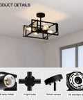 Slick Black 4 Light Ceiling Fixture, Industrial Farmhouse Flush Mount Chandelier with cube cage in a modern matte finish.