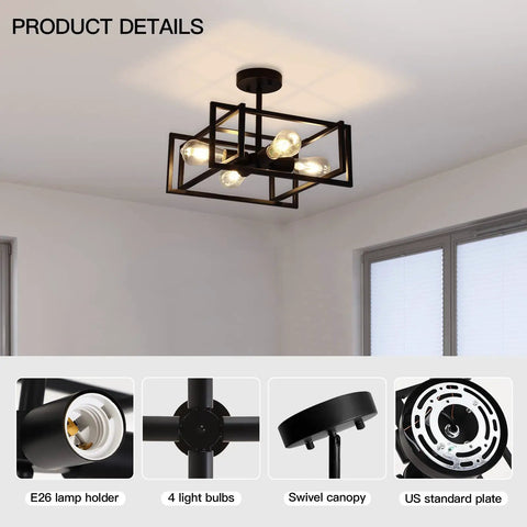 Slick Black 4 Light Ceiling Fixture, Industrial Farmhouse Flush Mount Chandelier with cube cage in a modern matte finish.