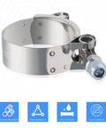 Two Pack 1.25 Inch T Bolt Stainless Steel Hose Clamps 304 Grade Durable Clamp Kit With 36 To 44 Mm Working Range Fits 1.25 Inch Inner Diameter Hoses Ideal For Automotive Marine Industrial Use, showing single clamp