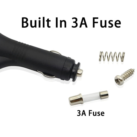 12V DC Auto Cigarette Lighter Power Adapter Cable With 5.5X2.1MM DC Plug And Switch Button showing built-in 3A fuse components.