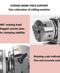360-degree rotating head of Heavy Duty Rock Solid Six Inch Cnc Rotary Table With Three Jaw Chuck And Dividing Head for precise machining.