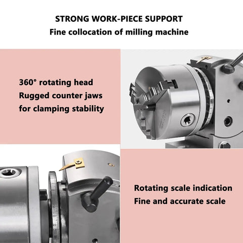 360-degree rotating head of Heavy Duty Rock Solid Six Inch Cnc Rotary Table With Three Jaw Chuck And Dividing Head for precise machining.