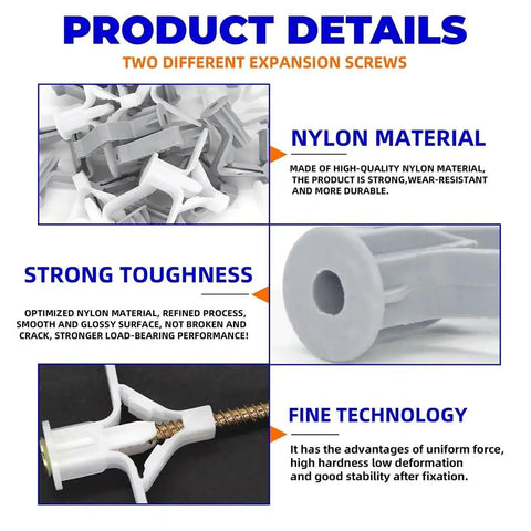 Product details of Heavy Duty Plastic Expansion Anchor Kit for Gypsum Board and Hollow Walls with Screws and Toggle Anchors