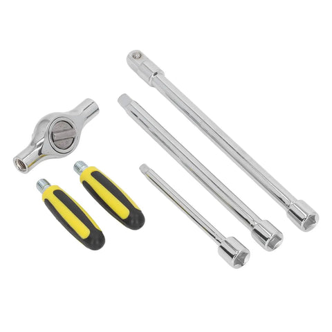 Go-To T Handle Ratchet Wrench And Quick Release Socket Kit With Built In Magnet And Comfort Grip For Auto Repair showing chrome sockets and T-handle.