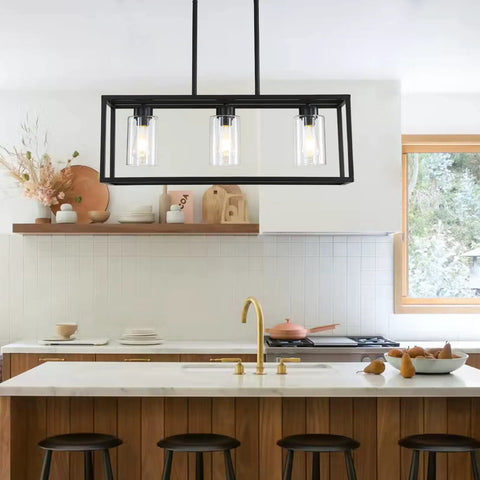 6 Light Dining Room Fixture In Black Modern Farmhouse Industrial Chandelier Rectangular Pendant Lighting For Dining Room Kitchen Island And Bar Height Adjustable Chains For Custom Fit And Chill Vibe with three visible bulbs over a kitchen island.