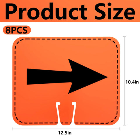 8 Pack Traffic Cone Arrow Signs 12.5 X 10.4 Inches Reversible Double Sided Cone Top Signs with black arrow on orange background.