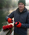 Man holding Heavy Duty 2000 Lb Double Sided Fishing Magnet Kit with 100 ft rope and carabiner by a river.