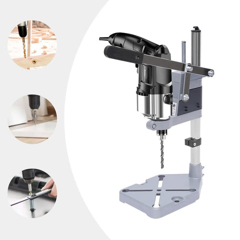 Universal Drill Press Stand Featuring Rock Solid Bench Mount And Heavy Duty Aluminum Base For Hands Free Power Drill Workbench Setup displayed with power drill mounted.