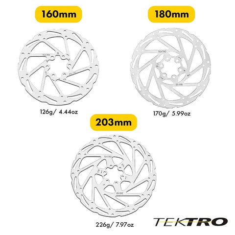 Illustration of 160mm, 180mm, and 203mm disc rotors, highlighting weights, with focus on 180mm 6 Bolt Disc Rotor 1.8mm thick.