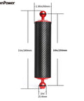 Red 10-Inch Carbon Fiber Underwater Float Arm 2-Pack Ultralight Buoyancy System for diving trays and video lights, detailed dimensions