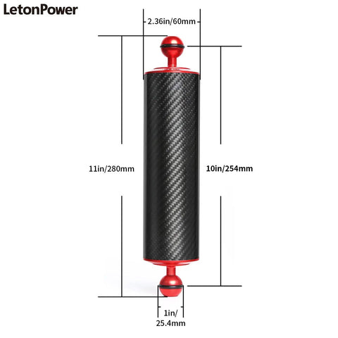 Red 10-Inch Carbon Fiber Underwater Float Arm 2-Pack Ultralight Buoyancy System for diving trays and video lights, detailed dimensions