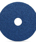 Front view of blue zirconia resin fiber sanding disc, 4.5 in diameter with 7/8 in center hole, 36 grit.