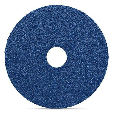 Front view of blue zirconia resin fiber sanding disc, 4.5 in diameter with 7/8 in center hole, 36 grit.