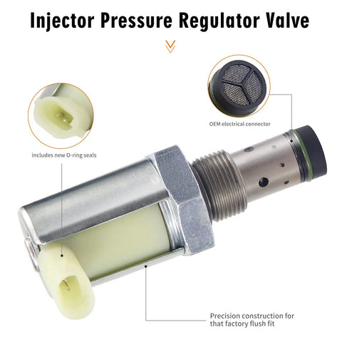 Close-up of 6.0 Powerstroke Injector Pressure Regulator for Ford Super Duty trucks, showing OEM connector and O-ring seals.