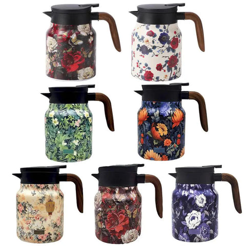 Collection of One-Handed Vintage Floral Teapot With Built-In Infuser And Insulated Carafe, 35oz, with various floral designs.