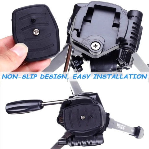 Two Pack 41mm And 43mm Quick Release Camera Mount Plates showing one plate and tripod head with non-slip design.