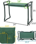 Diagram of All In One Outdoor Garden Stool And Kneeler Foldable Bench With EVA Foam Pad dimensions and included tool bag.