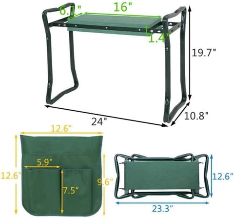 Diagram of All In One Outdoor Garden Stool And Kneeler Foldable Bench With EVA Foam Pad dimensions and included tool bag.
