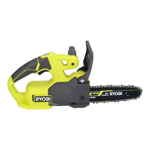Badass 18 Volt Cordless 8 Inch Chainsaw With Sharp High Tooth Blade And Reliable Manual Oil Pump Made For Smooth Hedge Thinning And Easy Yard Cleanup Tasks In Black Green side view showing handle and blade.