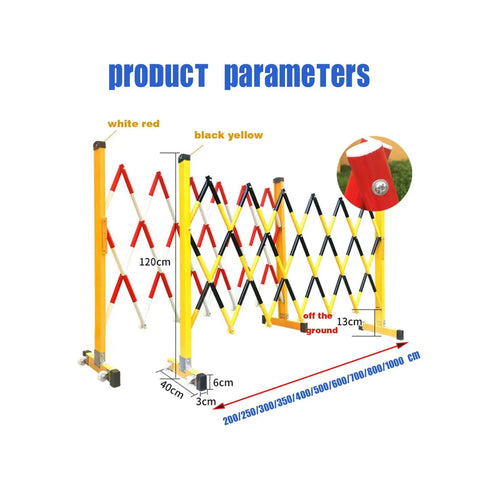 Flexible Expandable Safety Fence With Smooth Rolling Casters For Crowd Control And Room Dividing Hella Durable Telescopic Guardrail Gate No Fuss Setup Indoors Or Outdoors Plus Easy Locking Panels dimensions and colors display.
