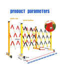 Built Like A Tank Retractable Traffic Fence With High Quality Rollers For Commercial Parking Lot Space Divider And Telescopic Mobile Guardrail Setup Takes Zero Fuss, shown in red and yellow with dimensions listed.