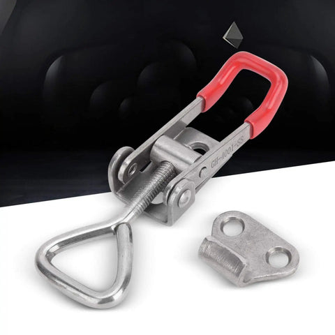 Two Pack Toggle Clamp Built from 304 Stainless Steel Heavy Duty Hold Down Quick Fixture Latch with Adjustable Buckle Tough as Nails Perfect for Woodworking Cabinets or Door Latching Projects, stainless clamp with red handle