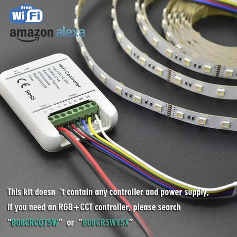 24V RGB CCT 5 In 1 LED strip lights with tunable white, non-waterproof, 16.4ft roll and connector, high CRI 85, controller needed.