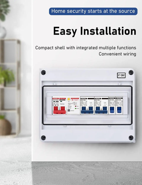 Heavy Duty Ground Fault Circuit Breaker With Surge Protection For DIN Rail Mount Two Pole 63 Amp 120V To 240V AC Leakage Trip 30mA Short Circuit Protection And Circuit Isolation installed in white panel