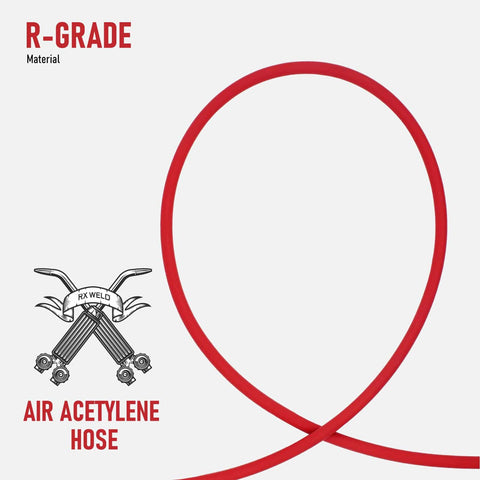 Red Air Acetylene Torch Hose Fifteen Feet With A Fitting For AR B Regulators And AR MC Regulators, looped display.