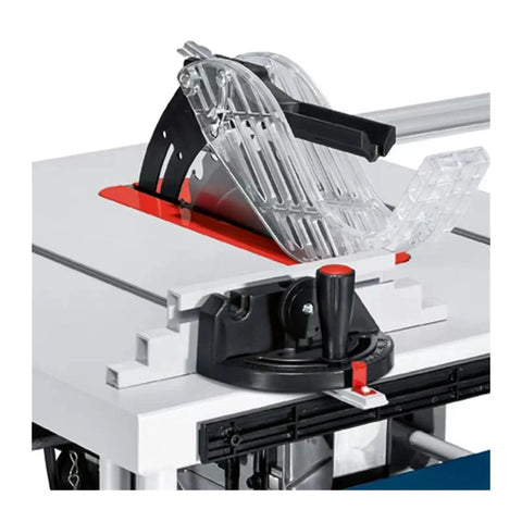 Professional Grade Mini Table Saw Built For Smooth Operator Cuts And Razor Sharp Angles showing blade guard and angle adjustment handle.