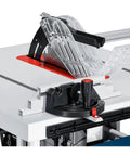 Close-up of the adjustable fence on a Badass Portable Mini Table Saw Station with a 10 Inch Circular Blade for precise cuts.