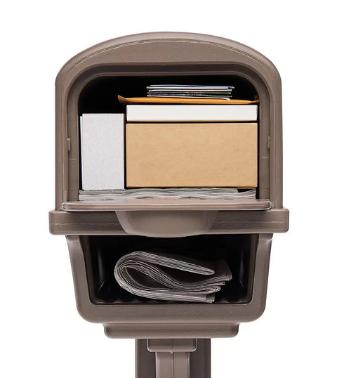 Gentry Large Capacity Double Walled Plastic Mailbox And Post Combo Kit In Mocha, open showing large packages and magazines