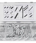 Heavy Duty Assortment Kit With 200 Stainless Steel Compression Springs For Home DIY Projects Plus Automotive Repairs And Mechanical Fixes Including Rust Proof And Durable Metal Coils In Various Sizes That Are Super Cool For Serious Tinkering And Building. clear case with assorted stainless steel compression springs and tubes
