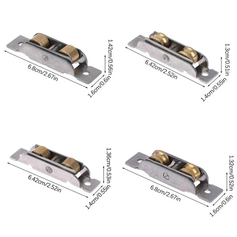Slick Stainless Steel Sliding Door Rollers Double Wheel Groove Pulley Track Hardware Kickass Durability For Window Slider Replacement Bottom Support Carriage No Brainer Swap, featuring four different angles with dimensions.