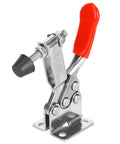 Heavy Duty Horizontal Adjustable Toggle Clamp Crafted From Premium 304 Stainless Steel Delivers Rock Solid Grip And Dead Nuts Tight Hold On Any Woodworking Or Welding Project, red handle detail.