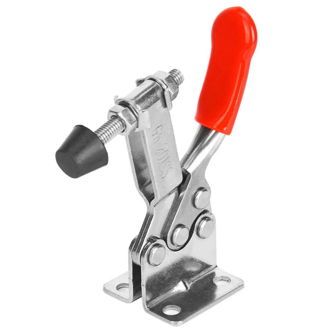 Heavy Duty Horizontal Adjustable Toggle Clamp Crafted From Premium 304 Stainless Steel Delivers Rock Solid Grip And Dead Nuts Tight Hold On Any Woodworking Or Welding Project, red handle detail.