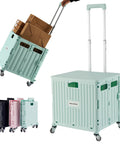 MACOPRO folding utility cart with lid, mint green plastic on 4 wheels; four color variants shown.